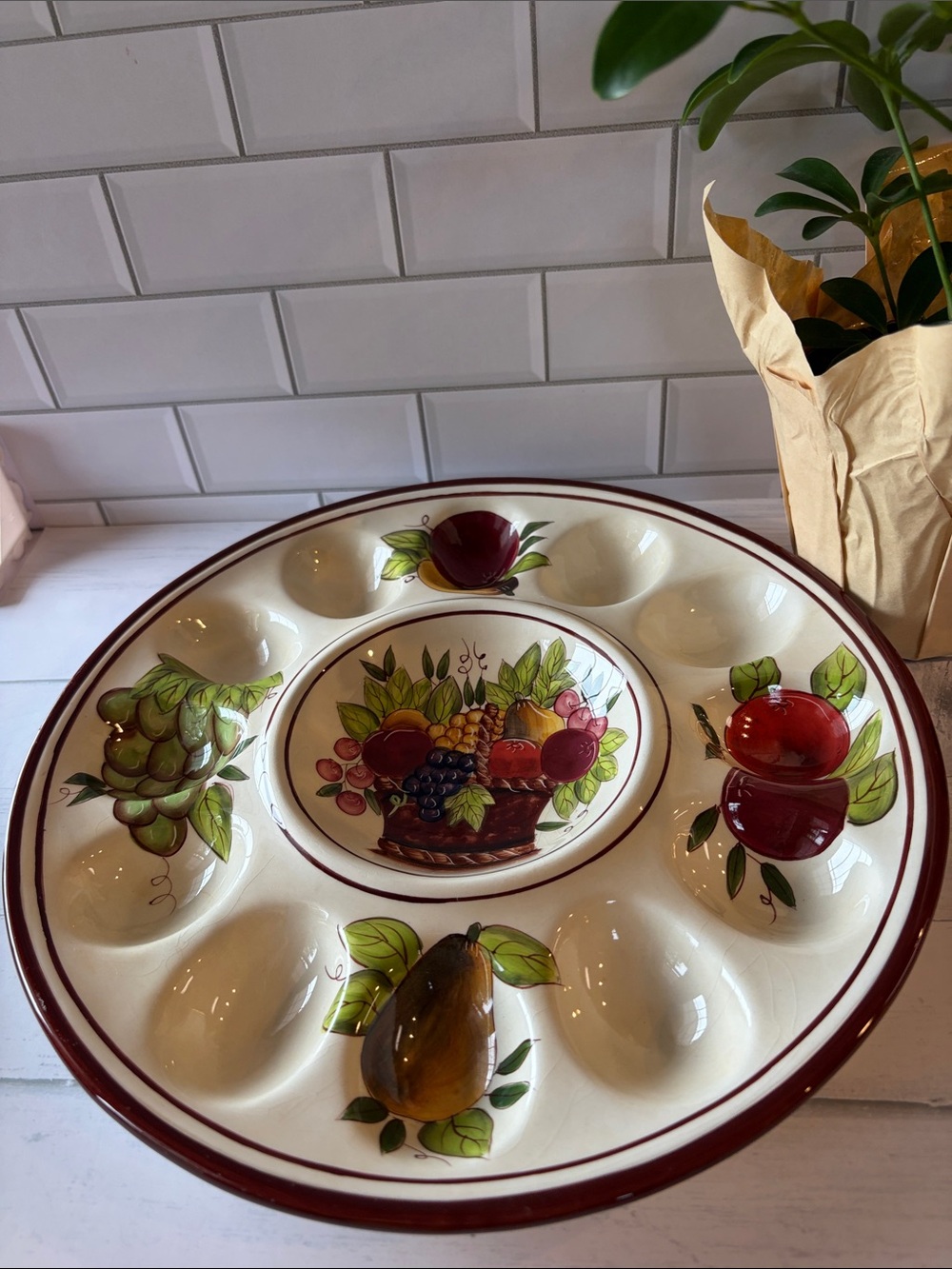 Vintage Cream and Burgundy Fruit Motif Deviled Egg Platter with Center Bowl